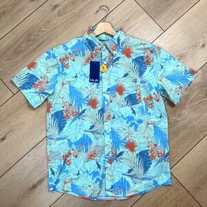 Huk Fishing Shirt UPF 30+ Button Down Short Sleeve Tropical Floral Mens Size S‎